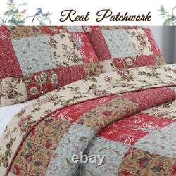 New! Cozy Chic Country Red Blue Pink Green Brown Leaf Rose Shabby Quilt Set