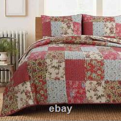 New! Cozy Chic Country Red Blue Pink Green Brown Leaf Rose Shabby Quilt Set