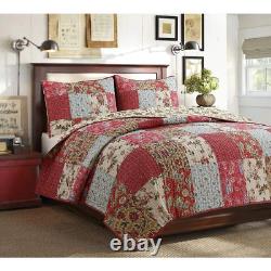 New! Cozy Chic Country Red Blue Pink Green Brown Leaf Rose Shabby Quilt Set