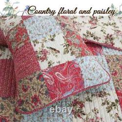 New! Cozy Chic Country Red Blue Pink Green Brown Leaf Rose Shabby Quilt Set