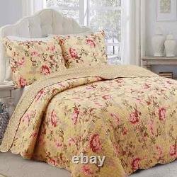 New! Cozy Chic Country Shabby Pink Red Ivory Yellow Green Soft Rose Quilt Set