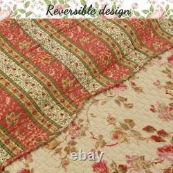 New! Cozy Chic Pink Red Green Leaf Yellow Rose Shabby Victorian Quilt Set