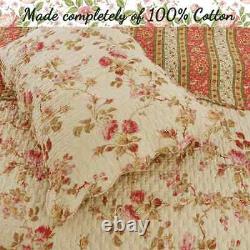 New! Cozy Chic Pink Red Green Leaf Yellow Rose Shabby Victorian Quilt Set