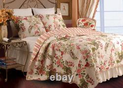 New! Cozy Chic Shabby Cottage Ivory Palm Leaf Red Pink Green Country Quilt Set