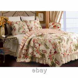 New! Cozy Chic Shabby Cottage Ivory White Red Pink Rose Green Soft Quilt Set