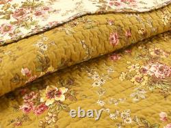 New! Cozy Classic Chic Cottage Pink Red Green Leaf Brown Yellow Rose Quilt Set