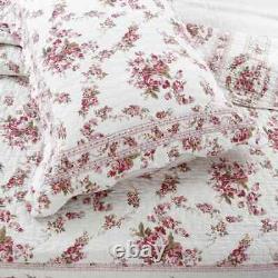 New! Cozy Cottage Chic Pink Green Leaf Shabby Red Rose White Soft Quilt Set