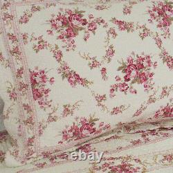 New! Cozy Cottage Chic Pink Green Leaf Shabby Red Rose White Soft Quilt Set