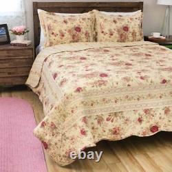 New! Cozy Cottage Chic Shabby Ivory Pink Red Green Yellow Rose Leaf Quilt Set