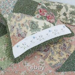 New! Cozy Cottage Chic Vintage Brown White Blue Pink Green Country Quilt Set