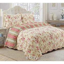 New Cozy Cottage Pink Red Sage Green Leaf Scallop Yellow Rose Soft Quilt Set