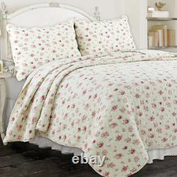 New! Cozy Cottage Shabby Chic White Pink Red Green Romantic Rose Quilt Set