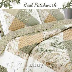 New! Cozy Cottage Shabby Patchwork Brown Sage Yellow Pink Green Quilt Set