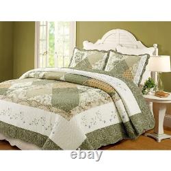 New! Cozy Cottage Shabby Patchwork Brown Sage Yellow Pink Green Quilt Set