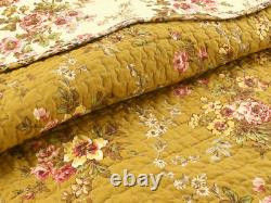 New! Cozy French Country Pink Red Green Red White Taupe Yellow Rose Quilt Set