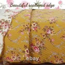 New! Cozy Shabby Brown Yellow White Pink Green Chic Country Rose Quilt Set