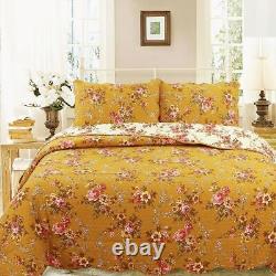 New! Cozy Shabby Brown Yellow White Pink Green Chic Country Rose Quilt Set