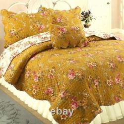 New! Cozy Shabby Brown Yellow White Pink Green Chic Country Rose Quilt Set