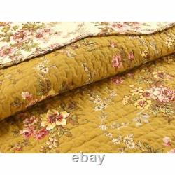 New! Cozy Shabby Brown Yellow White Pink Green Chic Country Rose Quilt Set