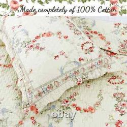 New! Cozy Shabby Chic Cottage Ivory Yellow Blue Pink Green Leaf Rose Quilt Set