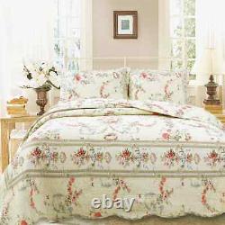 New! Cozy Shabby Chic Cottage Ivory Yellow Blue Pink Green Leaf Rose Quilt Set