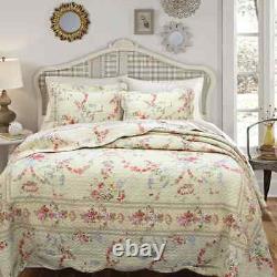 New! Cozy Shabby Chic Cottage Ivory Yellow Blue Pink Green Leaf Rose Quilt Set