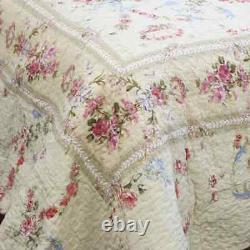 New! Cozy Shabby Chic Cottage Ivory Yellow Blue Pink Green Leaf Rose Quilt Set