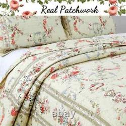 New! Cozy Shabby Chic Cottage Ivory Yellow Blue Pink Green Leaf Rose Quilt Set