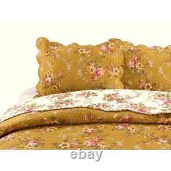 New! Cozy Shabby Chic Cottage Pink Red Green Leaf Brown Yellow Rose Quilt Set