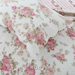 New! Cozy Shabby Chic Romantic Pink Green Red Ivory White Rose Leaf Quilt Set