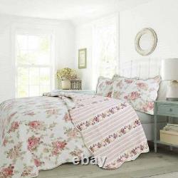 New! Cozy Shabby Cottage Pink Green Purple Red Ivory White Rose Leaf Quilt Set