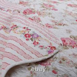 New! Cozy Shabby Cottage Pink Green Purple Red Ivory White Rose Leaf Quilt Set