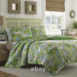 New! Cozy Tropical Cottage Blue Pink Green Palm Leaf Tree Beach Quilt Set