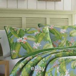 New! Cozy Tropical Cottage Blue Pink Green Palm Leaf Tree Beach Quilt Set