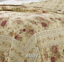 New! Cozy Vintage Chic Shabby Ivory Pink Red Green Yellow Rose Leaf Quilt Set