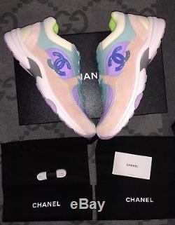 New In Box Chanel 19c CC Logo Green Purple Pink Suede Lace Up Sneakers Sz 10 41