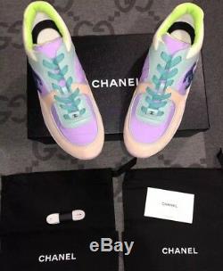 New In Box Chanel 19c CC Logo Green Purple Pink Suede Lace Up Sneakers Sz 10 41