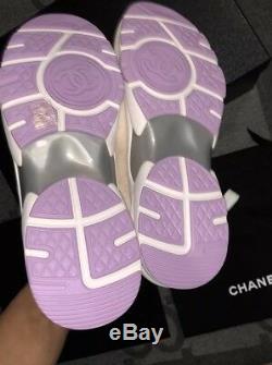 New In Box Chanel 19c CC Logo Green Purple Pink Suede Lace Up Sneakers Sz 11 42