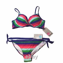 New NWT Boden Swimsuit Bikini 2 Piece Pink Green Purple Stripe Padded 38B US 8