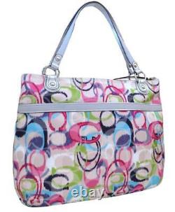 New NWT Coach Poppy Signature IKAT Ivory Pink Blue Green Glam Tote Purse 19876