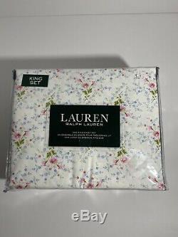 New Ralph Lauren Cotton 4pc White Pink Blue Green Floral Sheet Set KING