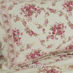 New! Shabby Chic Cottage Pink Green Leaf Purple Red Ivory White Rose Quilt Set