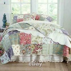 New! Shabby Country Chic Blue Purple Pink Green White Patchwork Quilt Set