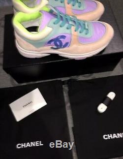 New With Box Chanel 19c CC Logo Green Purple Pink Suede Lace Up Sneakers Sz 7 38