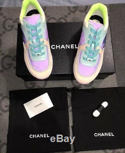 New With Box Chanel 19c CC Logo Green Purple Pink Suede Lace Up Sneakers Sz 7 38