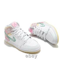 Nike Air Jordan 1 Mid SE GS Paint Drip White Green Pink Kid Women DD1666-100