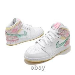 Nike Air Jordan 1 Mid SE GS Paint Drip White Green Pink Kid Women DD1666-100