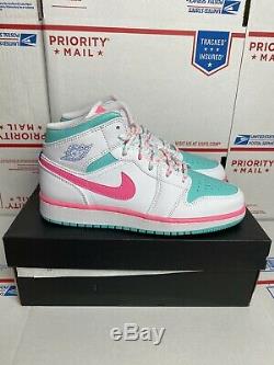 Nike Air Jordan 1 Mid Size 5.5Y (Womens 7) White Pink Green Solar 555112-102