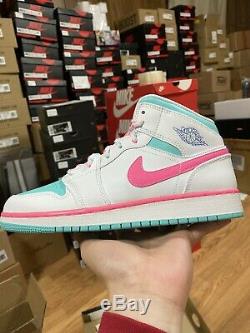 Nike Air Jordan 1 Mid Size 7Y (Womens 8.5) White Pink Green Solar 555112-102