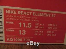 Nike React Element 87 Size 11.5 Volt Aurora Green Racer Pink AQ1090 700 New NIB